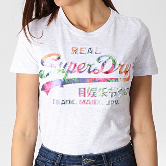 SuperDry Womens Short Sleeve Gray Heathered T-shirt Gloss Tropical G10323SU Sz 8 - Picture 4 of 7